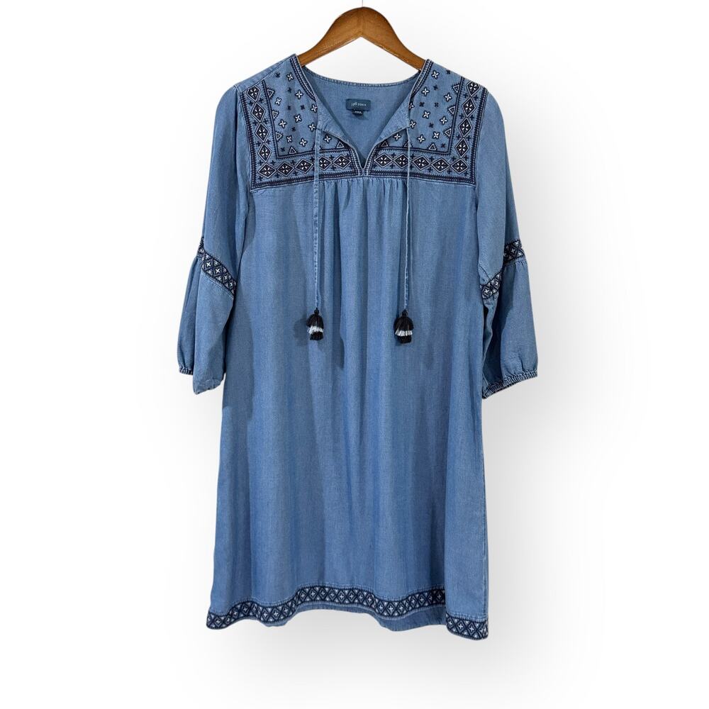 J. Jill Denim Chambray Embroidered Shift Dress Womens S Boho Tassels 3/4 Sleeve